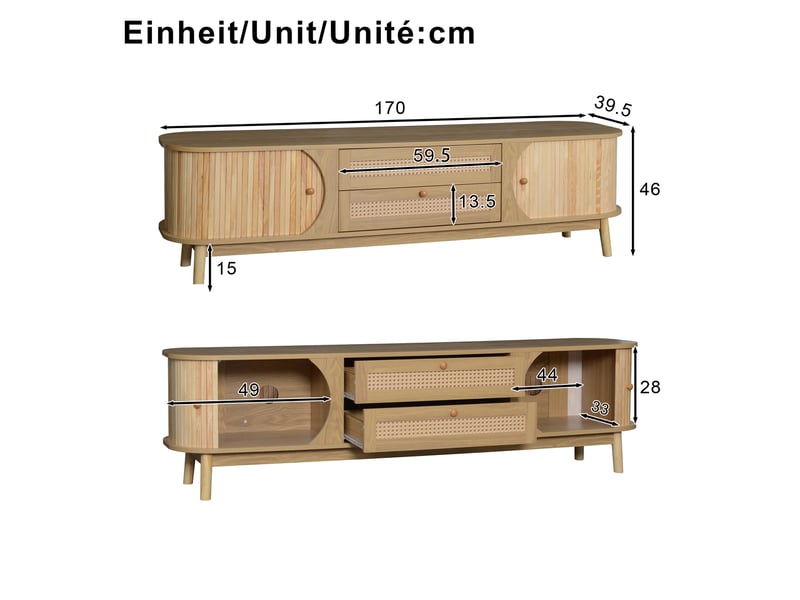  Meuble tv bois massif et rotin naturel 170 cm avec portes coulissantes et tiroirs, style rustique  - Conforama E