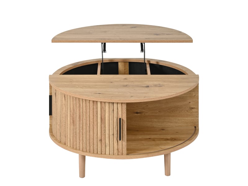  Table basse ronde relevable avec rangement et porte coulissante, mdf décor chêne  - Conforama E