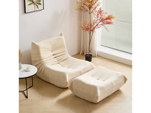 Fauteuil poire avec repose-pieds en tissu teddy beige cravdom
