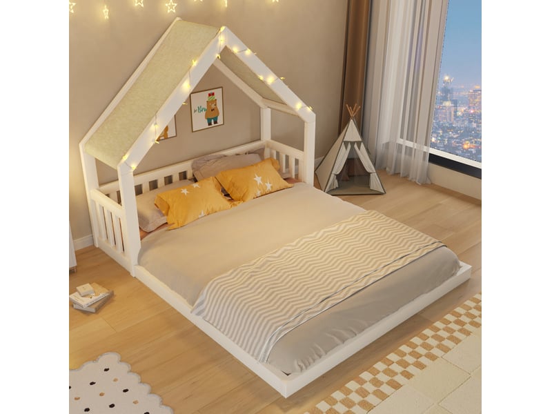  Lit cabane 140x200 cm toit textile guirlande lumineuse, sommier à lattes, mdf et pin, blanc sans matelas  - Conforama B