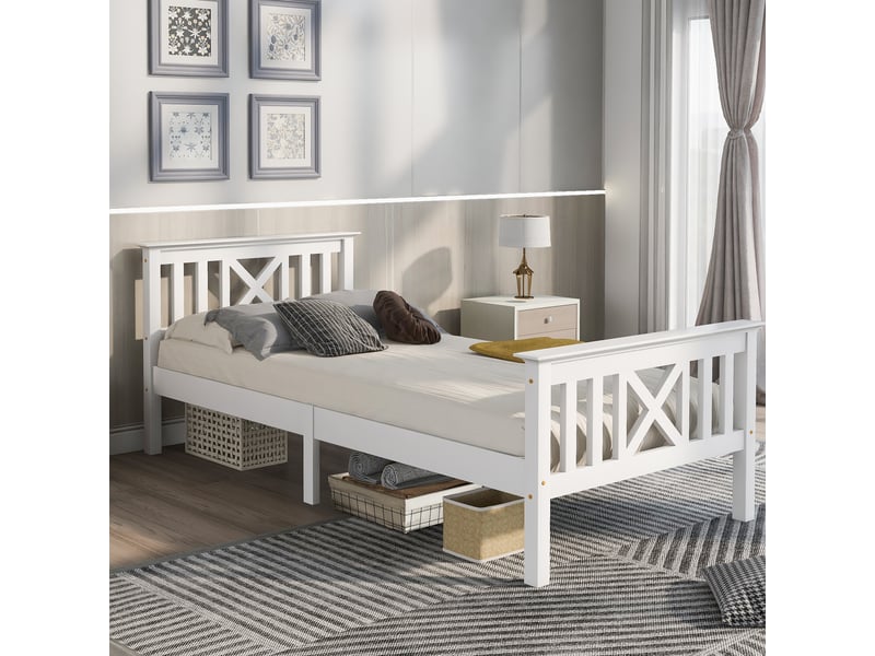 Lit 90x200 cm avec sommier en pin massif blanc chicfurn  - Conforama D