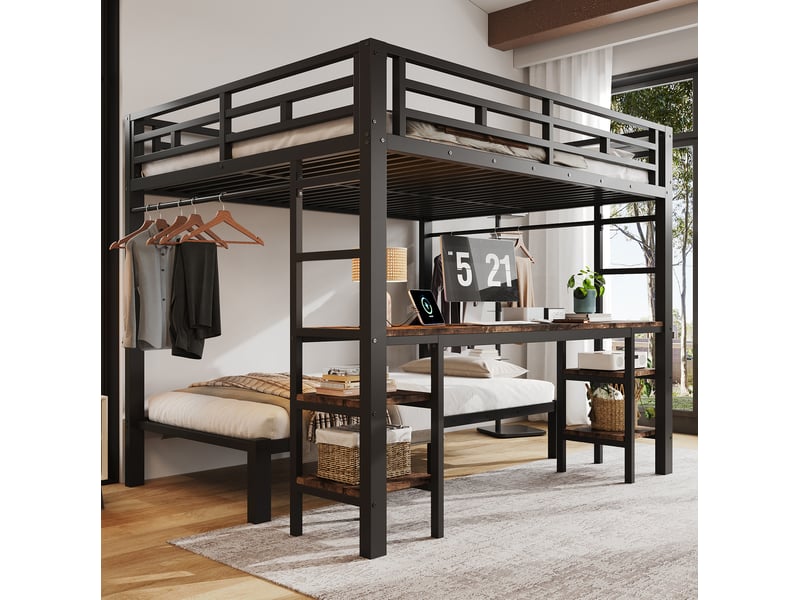  Lit superposé 140x200 cm et 90x200 cm avec bureau et penderie noir  - Conforama E