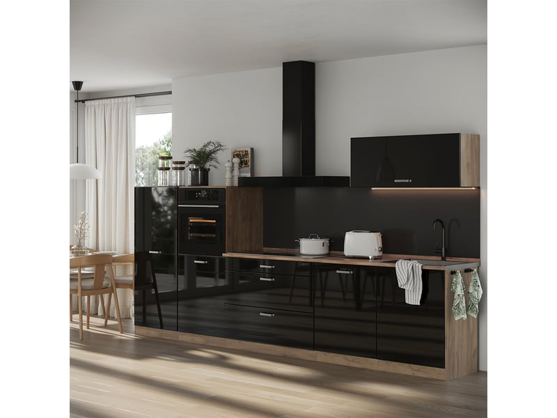  Vicco cuisine, noir haute brillancechêne doré, 340cm plan de travail chêne doré  - Conforama C