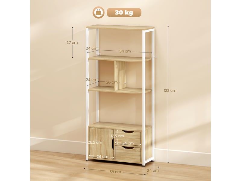  Bibliothèque avec étagères, tiroirs et porte, 58 x 24 x 122 cm, style industriel, bois blanc et naturel  - Conforama E