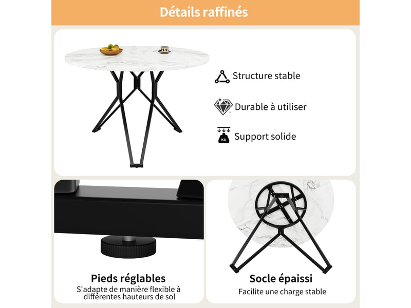 Table ronde 100x100x76 cm, plateau mdf à motif marbre, piètement métal réglable pour plus de stabilité, noir  - Conforama D
