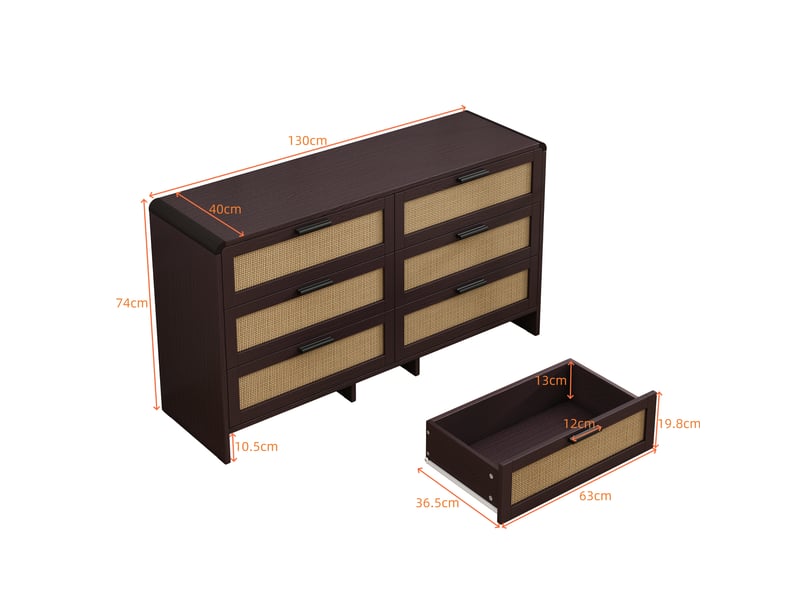  Armoire d'angle modèle rattan 130 cm, brun rougeâtre, 6 tiroirs, rangement rotin salon cuisine  - Conforama C