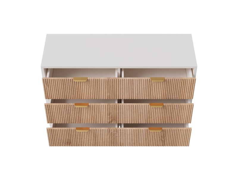 Commode 6 tiroirs, commode 100 cm, commode chambre, design strié bois et blanc, pieds dorés, meuble de rangement, chêne clair - Conforama D