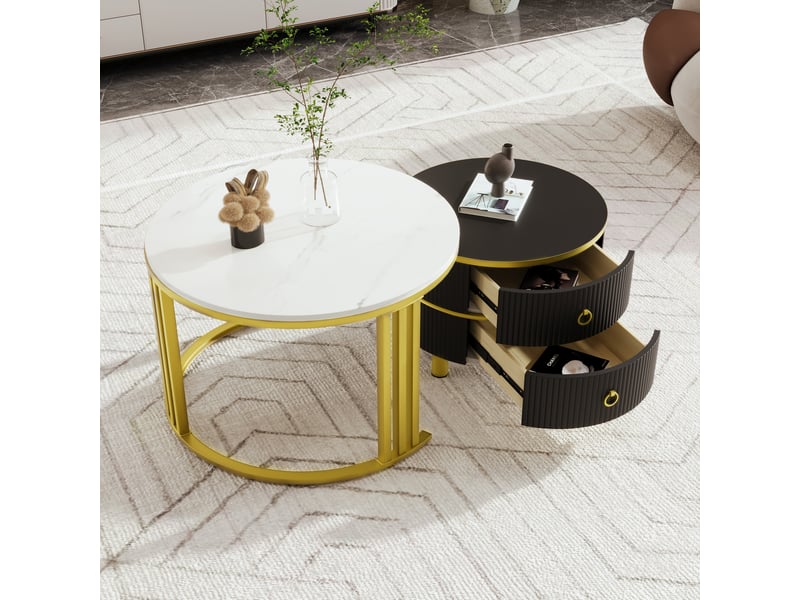  Table basse ronde 2 en 1 en mdf, table d'appoint avec plateau brillant et plateau en marbre blanc, combinaison table basse salon avec 2 tiroirs, 70 x 70 x 46 + 50 x 50 x 40 cm  - Conforama B