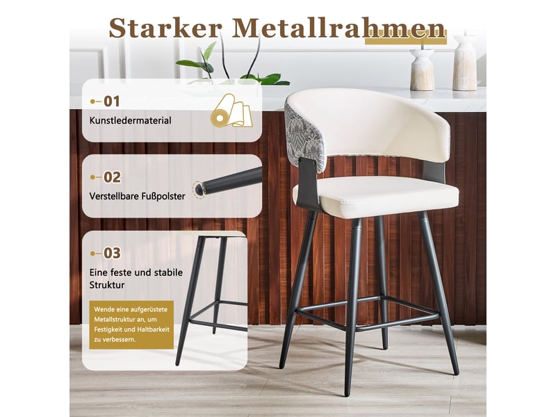  Tabourets de bar lot de 2 avec dossier et repose-pieds - lpospi - assise ergonomique, métal, pu - blanc  - Conforama E