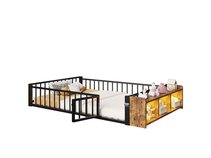  Lit en métal 140x200 noir avec rangement et led, cadre de lit 140x200 sans matelas, lit enfant avec barrière de sécurité.  - Conforama A