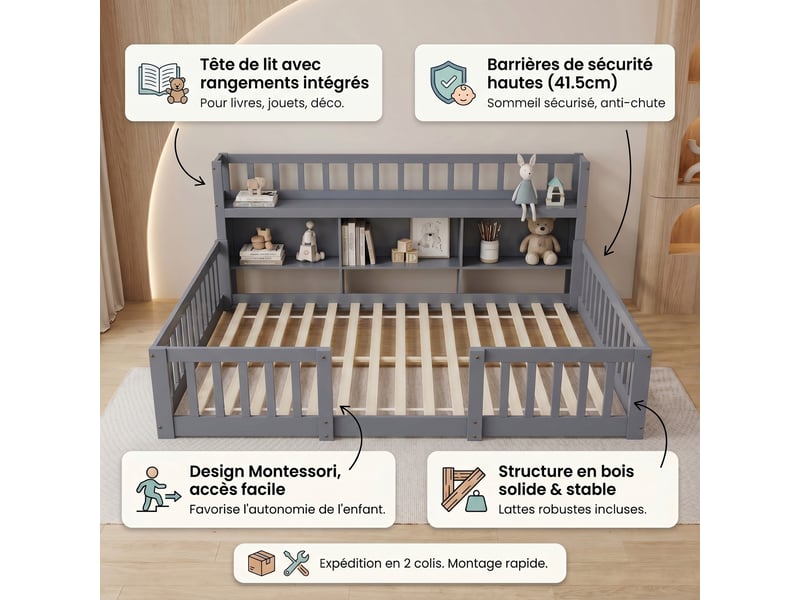  Lit enfant au sol 140x200 cm, lit montessori avec bibliothèque et barrière, lit double, bois, style scandinave moderne, gris  - Conforama C