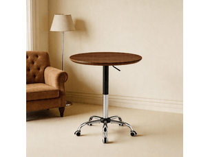 Table d’appoint ronde, 70x70x73,5 cm, réglable en hauteur, design moderne, plateau mdf, piètement métal, coloris noyer