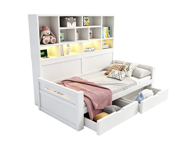  Lit 90x200 cm avec rangement, led et prises, blanc  - Conforama A