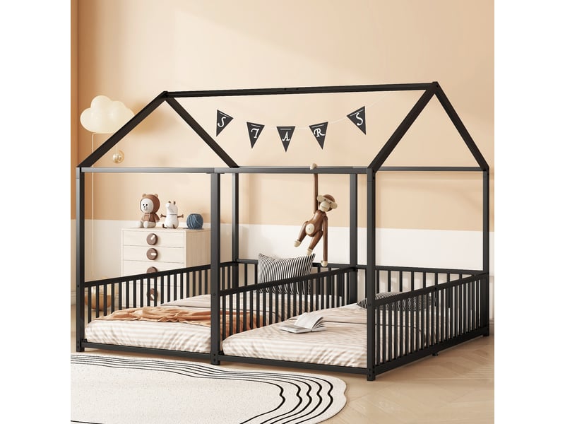  Lit superposé enfant 90×200 cm et 90×200 cm avec barrière et échelle  - sans matelas, métal - noir  - Conforama C