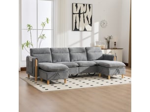 Canapé d'angle panoramique fixe <strong></strong> <strong>Fay Lum</strong> 4 places Tissu gris avec coffre de rangement