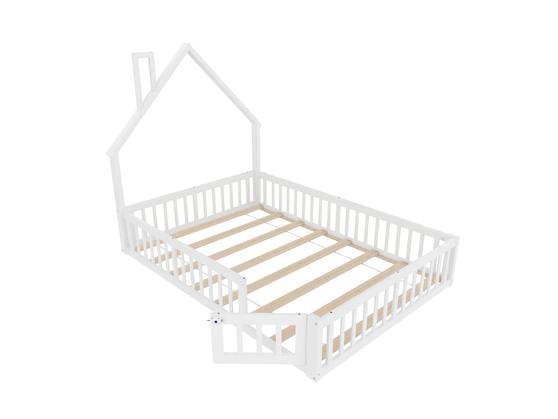  Lit enfant 140x190 cm en pin blanc, forme maison, avec sommier, style minimaliste  - Conforama D