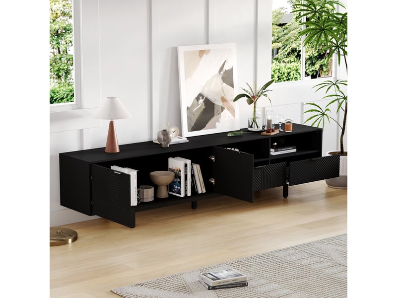  Meuble tv 200 cm noir pour tv jusqu'à 90 pouces - rangement portes et passe-câbles - design bohème moderne  - Conforama C