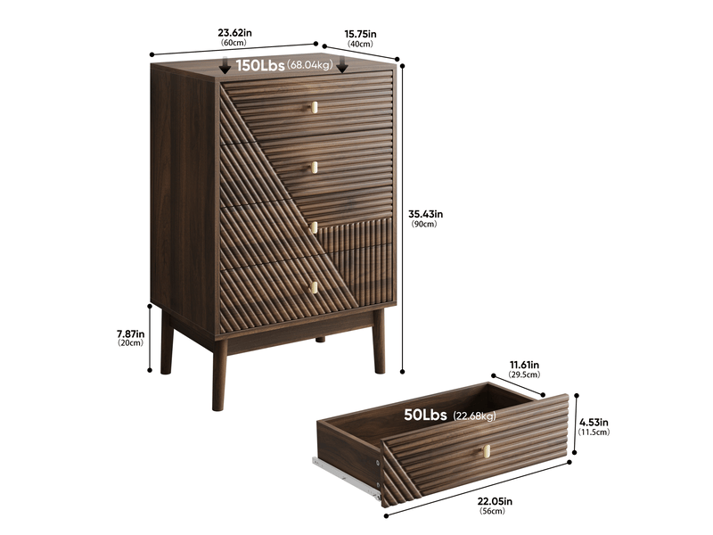  Commode 60x40x90 cm coloris noyer avec 4 tiroirs  - Conforama C