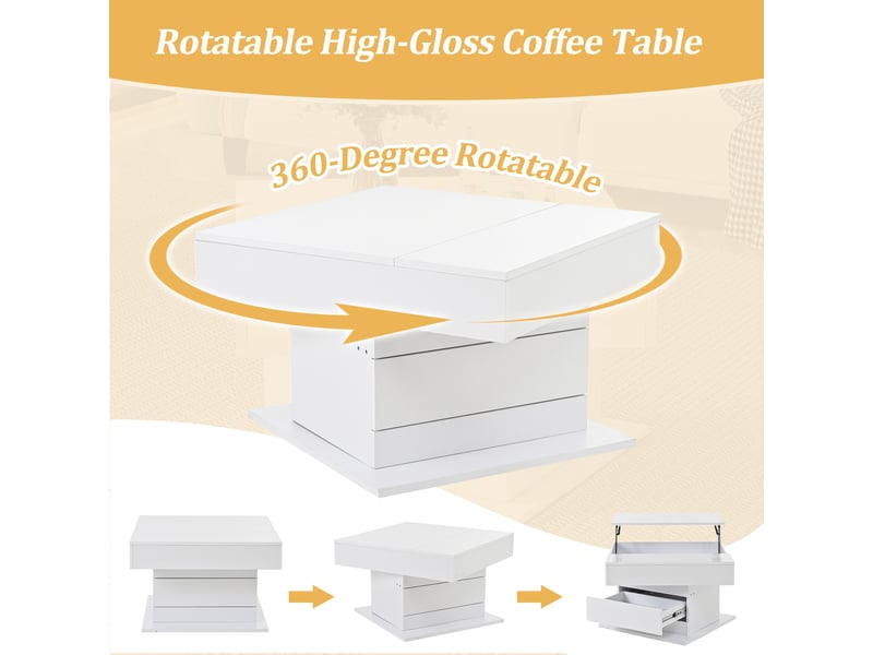  Table basse 70x70x45 cm avec plateau pivotant et rangement, aggloméré, blanc  - Conforama R