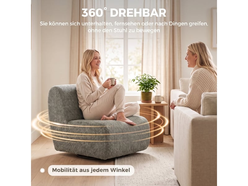  Fauteuil de salon - fauteuil pivotant en tissu chenille, assise large, pour salon ou chambre, gris, 90 x 70 x 70 cm  - Conforama W