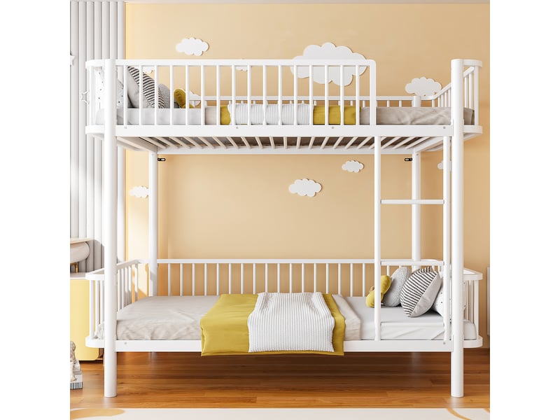 Lit superposé 90 x 200 cm avec angles arrondis, pieds surélevés et garde-corps de sécurité, design gain de place, métal, blanc OMNIGLINT TRADING LTD - Conforama C