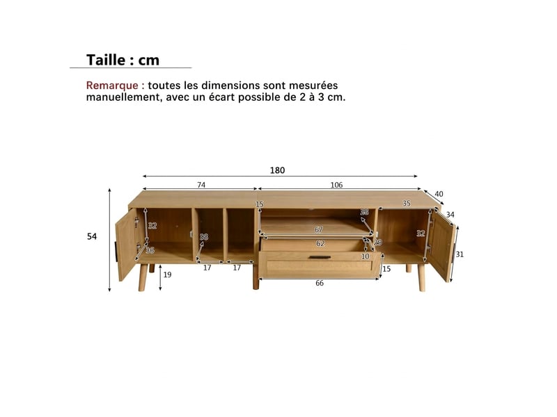  Meuble tv 180 cm aspect bois et rotin 2 portes 1 tiroir - pour écran 80 pouces  - Conforama C