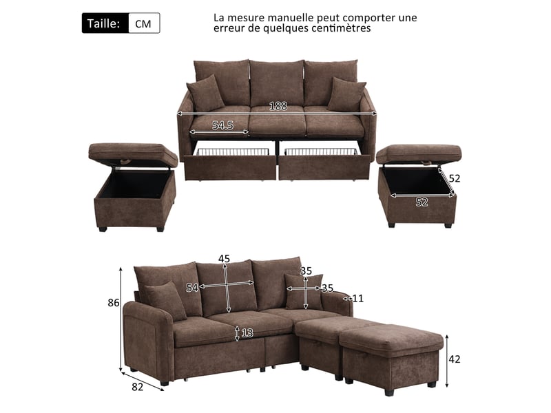  Canapé d’angle en u 3 places 188x186x86 cm convertible avec tiroirs, pouf coffre, modules séparables, chenille, marron Sol Morn - Conforama C