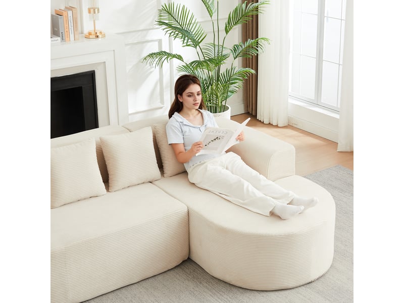  Canapé d'angle velours côtelé 220 cm beige 4 places  - Conforama R
