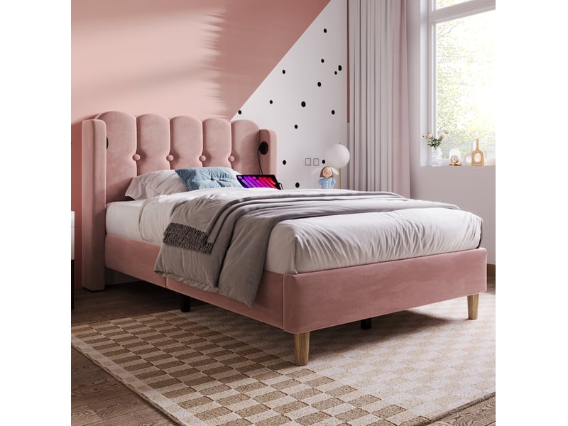  Lit enfant simple 90x200 cm, tête de lit wingback panneau design, ports usb + type-c inclus, velours rose sans matelas  - Conforama E