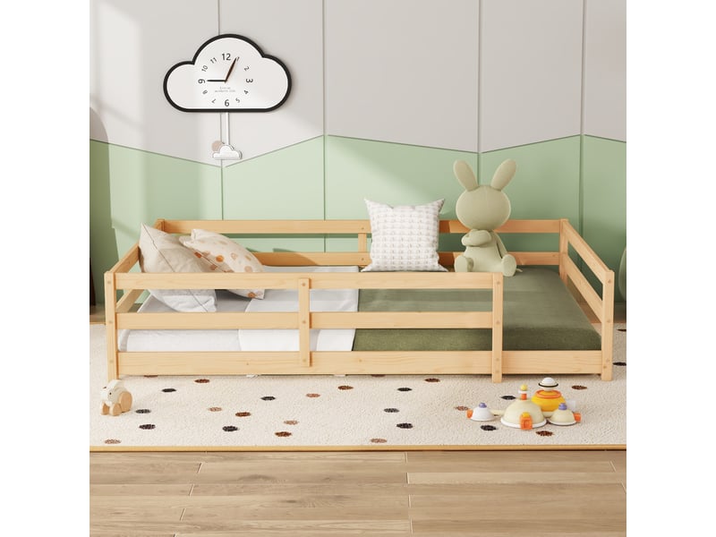 Lit enfant 140x200 cm - lit au sol 140x200 cm - avec barrière de sécurité - facile à assembler - bois de pin - naturel - Conforama D