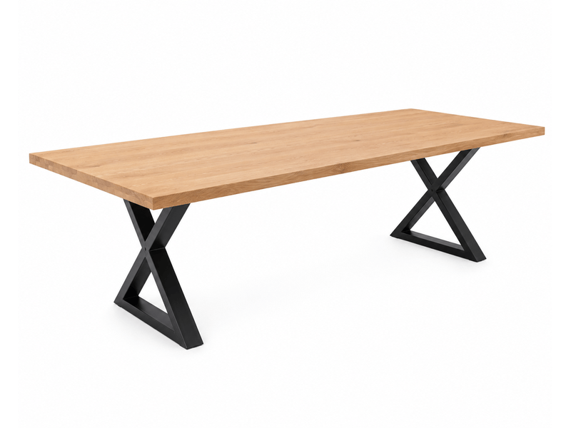  Table à manger avec bord droit coloris chêne massif et pieds en métal noir - longueur 220 x profondeur 100 x hauteur 76 cm  - Conforama A