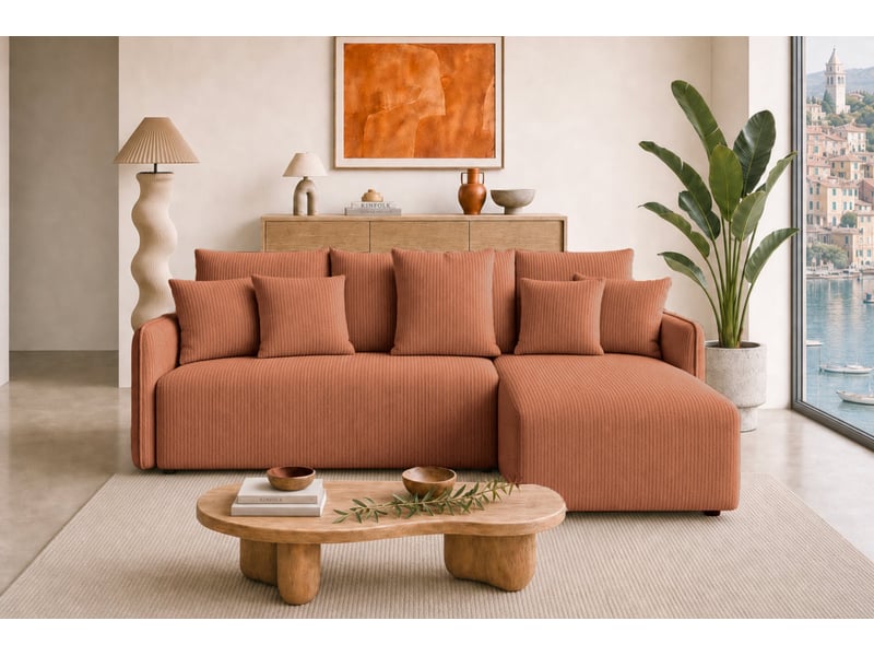  Portofino - canapé d'angle convertible petit velours côtelé 3 places terracotta  - Conforama D