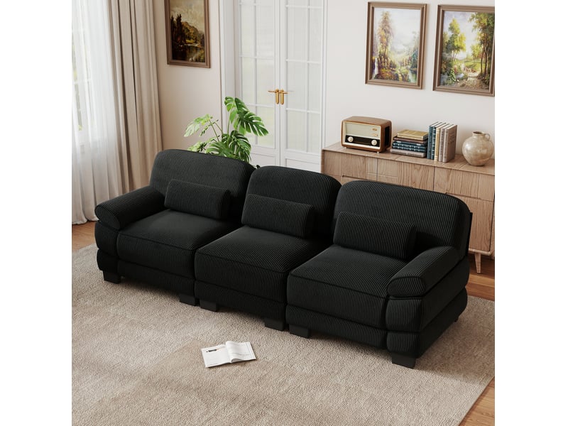  Canapé droit modulable 3 places 265x88.5x94 cm en velours côtelé noir  - Conforama W