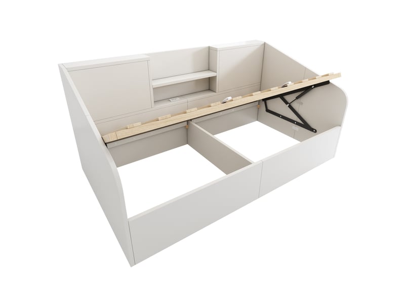  Lit banquette 90x200 cm – blanc – rangement hydraulique, étagères et station usbusb-c – sans matelas  - Conforama D