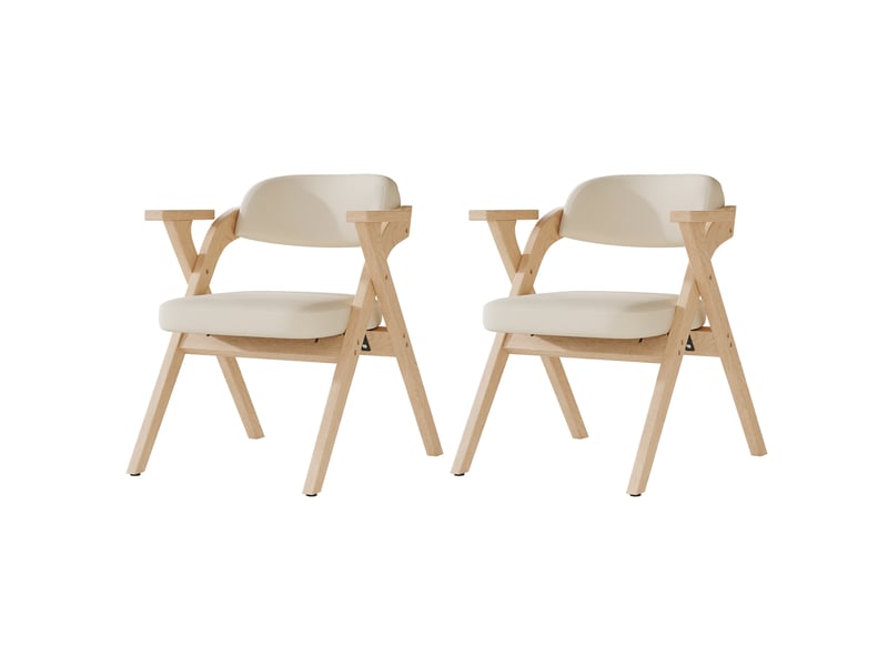  Lot de 2 chaises de salle à manger pliantes avec accoudoirs, bois et lin beige  - Conforama A