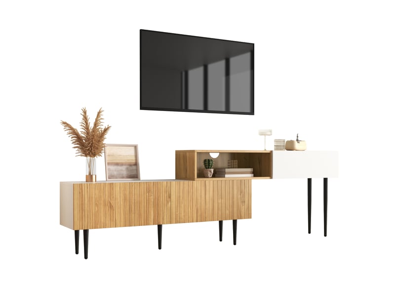 Meuble tv modulable extensible bois et blanc mat avec pieds métal noir 120-240cm - Conforama A