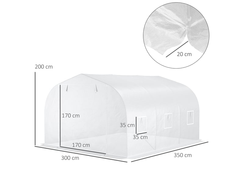  Serre de jardin serre tunnel de jardin dim. 3,5l x 3l x 2h m porte + 6 fenêtres enroulables acier galvanisé bâche pe haute densité blanc  - Conforama E