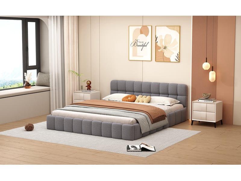  Lit double rembourré en tissu lin 140x190cm-gris - tête de lit capitonnée design et structure robuste  - Conforama C