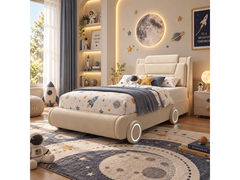 Lit rembourré pour enfants 90x200cm - lit en forme de voiture de course - hauteur de tête de lit réglable - avec éclairage led - tissu velours - beige (sans matelas)  - Conforama B