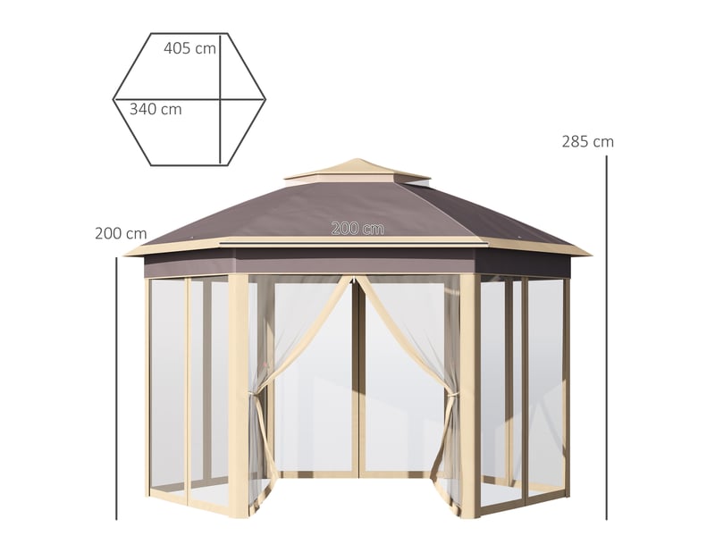  Gazebo de jardin hexagonal 4,05 x 3,4 x 2,85 m avec double toit, 6 moustiquaires amovibles, sac de rangement et traitement anti-uv beige  - Conforama E