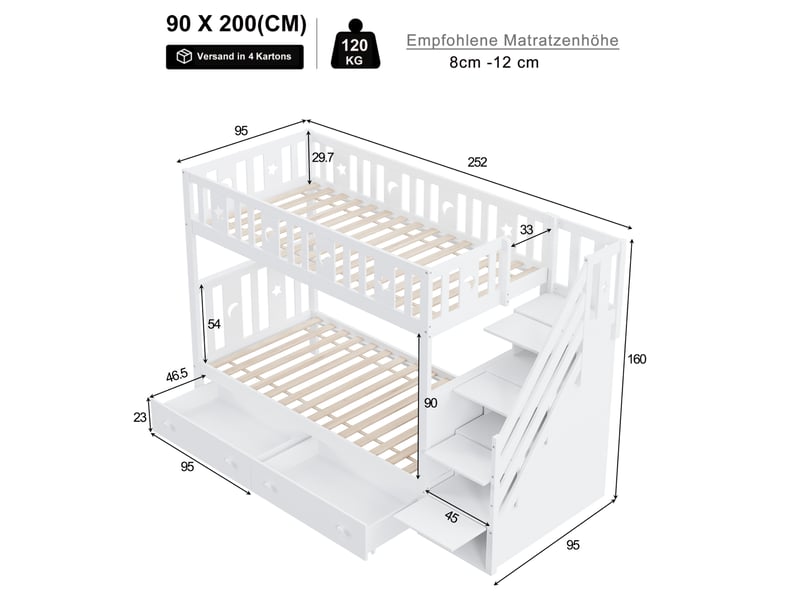  Modenvie lit superpose enfant 90x200 cm - avec escalier de rangement, sommier inclus, sans matelas - blanc  - Conforama C
