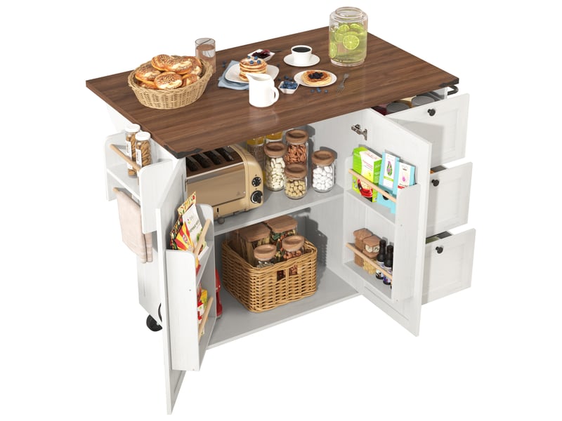Îlot De Cuisine Mobile Pivotant Sweiko – Plan De Travail Extensible 112-180,5 Cm, 2 Tiroirs, 7 Roulettes, Blanc/noix - 12