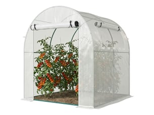 Serre portable blanche avec structure en acier et bâche en plastique.