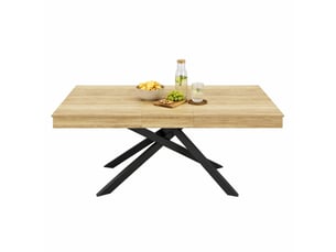 Table à manger extensible 140180x80x76 cm, 6 à 8 places, plateau épais, pieds croisés métal, mdf, chêne