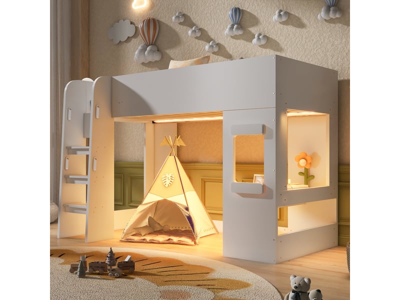  Lit mezzanine en bois 90×200 cm - avec éclairage led - avec petit bureau - avec barrières de sécurité - blanc (matelas non inclus)  - Conforama C
