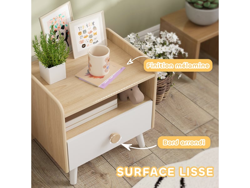  Table de chevet enfant table de nuit enfant avec tiroir et niche, petite table d'appoint en bois pour chambre d'enfant  - Conforama W
