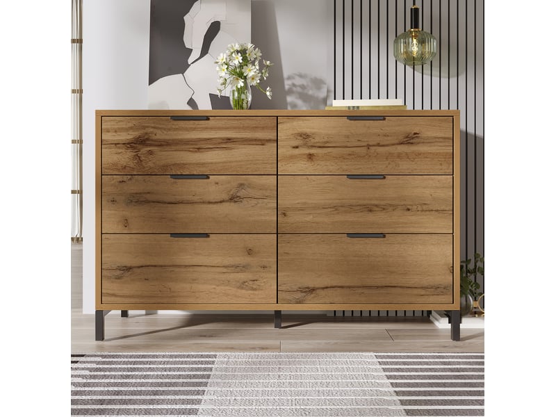  Commode ulevr avec rangement, 6 tiroirs, 120 x 40 x 76 cm, pieds et poignées en métal, panneau de particules, chêne foncé  - Conforama E