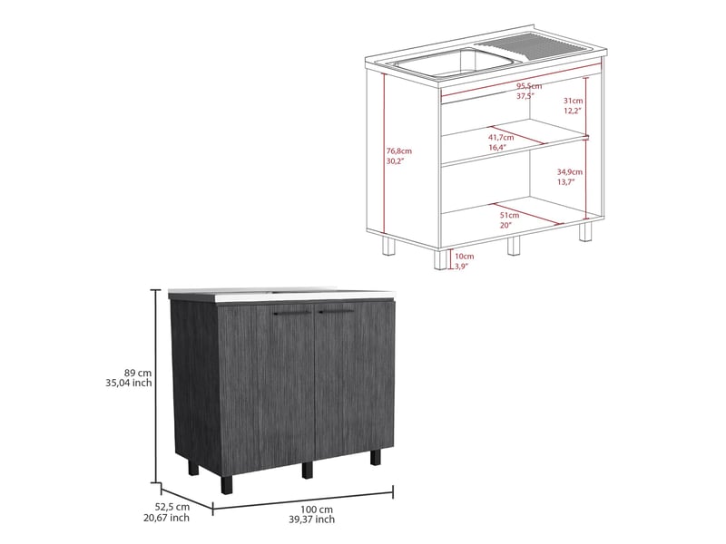  Meuble évier napoles de 100 cm avec évier en inox et 2 portes, chêne gris  - Conforama C