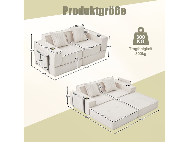 Canapé droit 2 places avec poches latérales et 2 coussins  - assise enveloppante, velours côtelé beige  - Conforama D