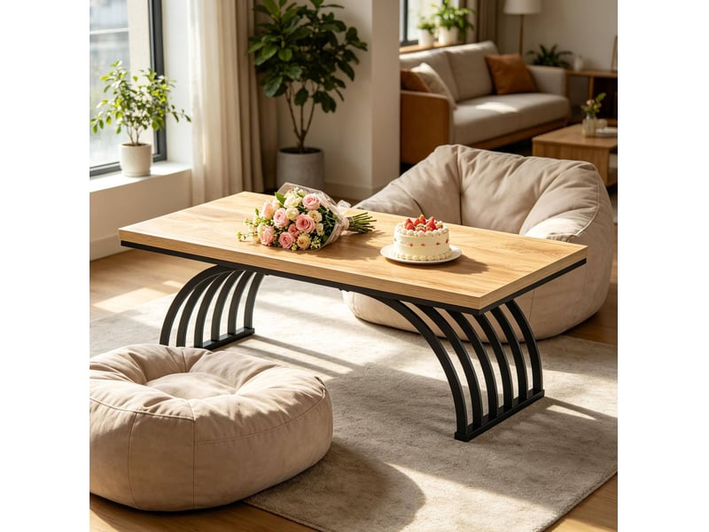 Table basse avec plateau spacieux et structure ouverte en métal, finition bois rustique, pour salon, marron et noir, 120 cm - Conforama B
